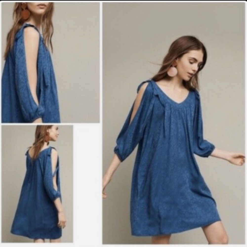 Anthropologie Sapphire Blue on Blue Floral Cold Shoulder Swing Dress Size L - Picture 2 of 9